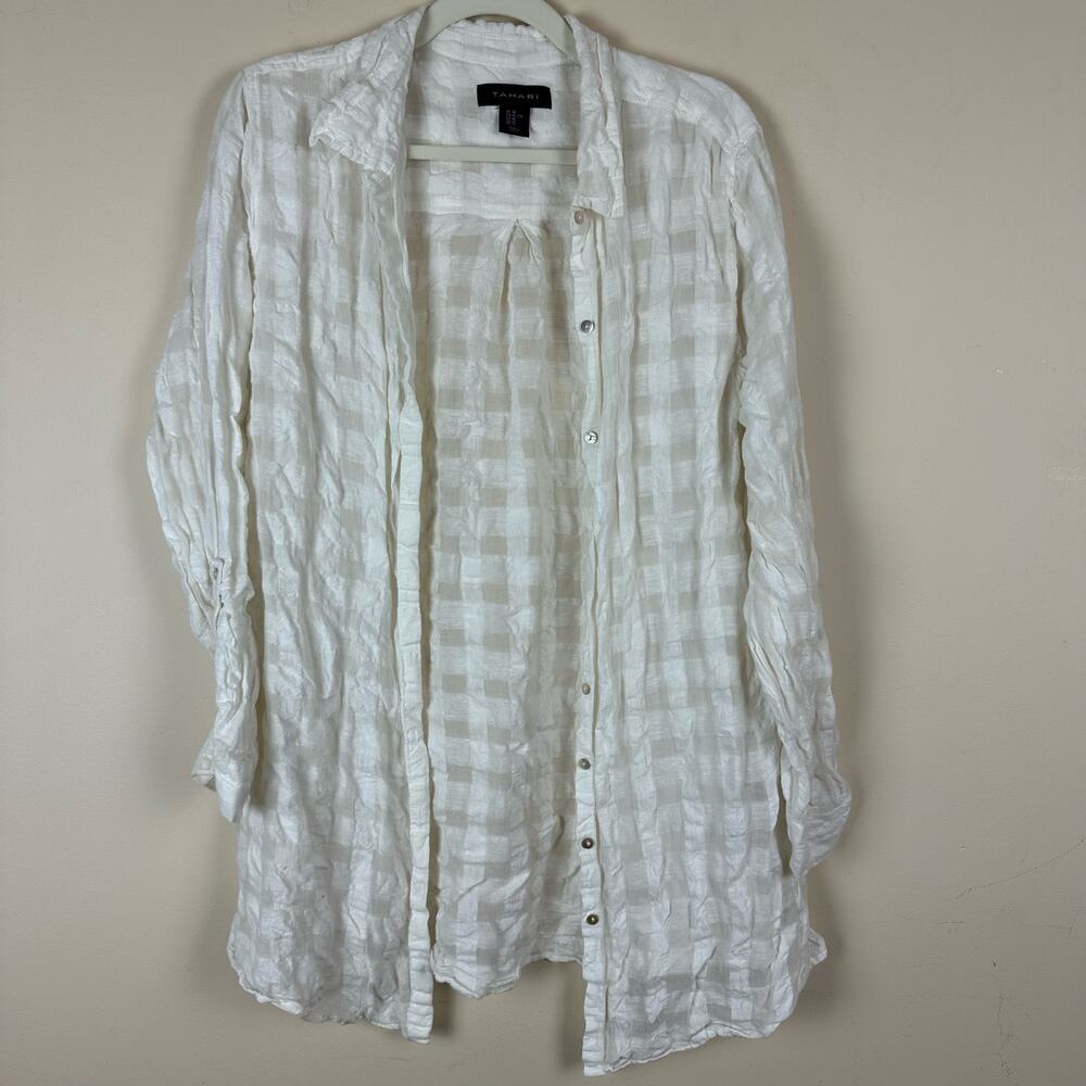 Tahari Linen Button Up Shirt Size XL White Coastal Resort Beach Cover Up Top